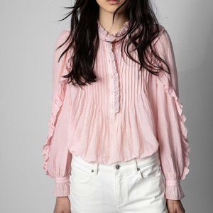 NWT $378 Zadig & Voltaire Timmy Tomboy Ruffled Tunic Blouse Shirt PINK